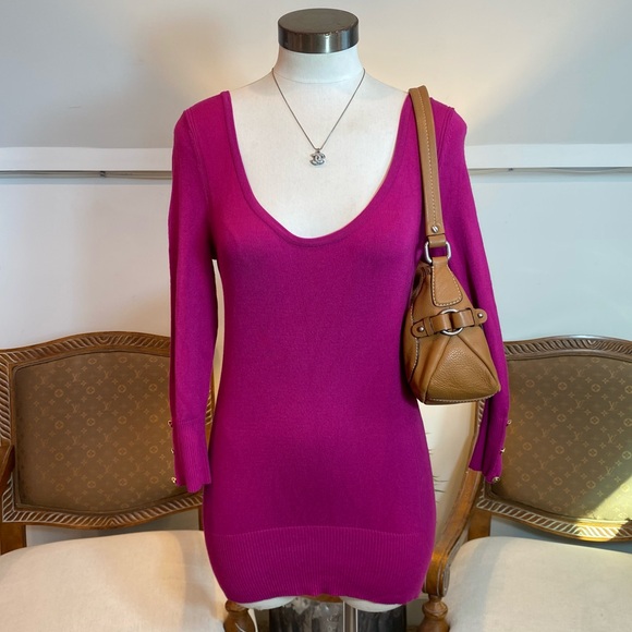 Cache Sweaters - Cache Y2K Fuchsia Sexy Knit Top, Scoop Neck & Cross-Back Design, Size Small